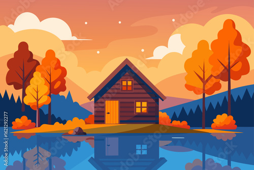 A cartoon cottage with a door sits in a country landscape, surrounded by autumn trees and a sun-filled sky