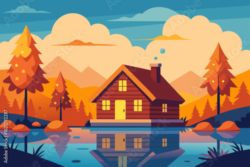 A colorful cartoon landscape of a village with cozy houses nestled among autumn trees under a bright sky