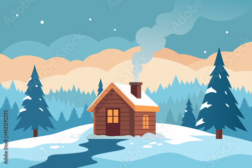 A beautiful winter landscape illustration with a cozy house and snow-covered mountains, perfect for a Christmas holiday card