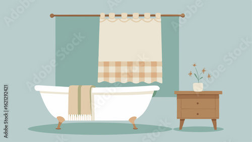 A simple bathroom with a white clawfoot tub a neutral patterned shower curtain and a wooden stool used as a side table.