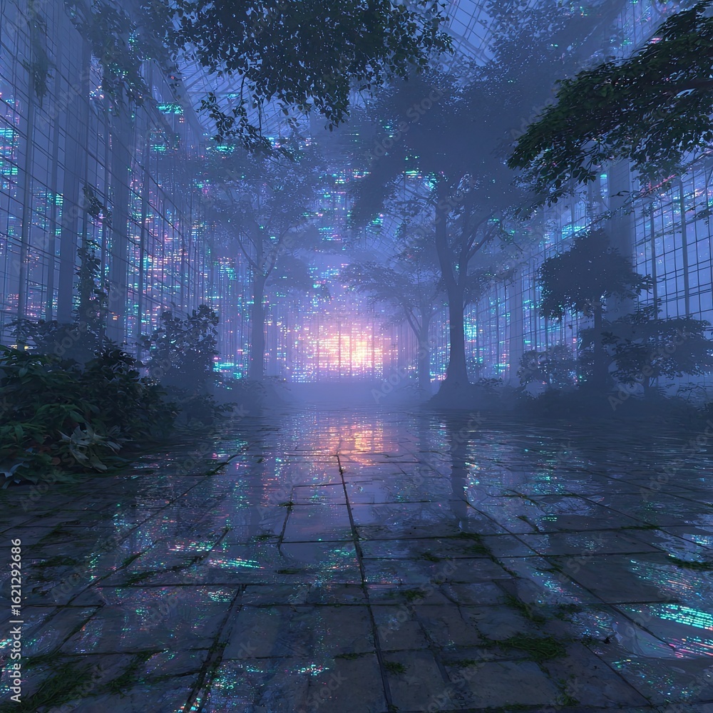 Obraz premium Mystical Glasshouse Garden Path at Dusk