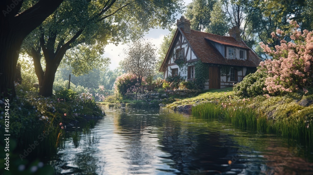 Fototapeta premium Charming Cottage by a Serene Stream Surrounded by Lush Greenery and Colorful Flowers
