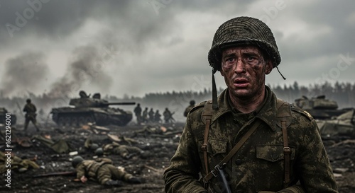 Gritty and emotional close-up of a terrified, mud-splattered soldier on a chaotic battlefield with tanks and other soldiers in the background.
