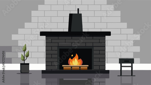 A sleek black fireplace set against a white brick wall in the living room.