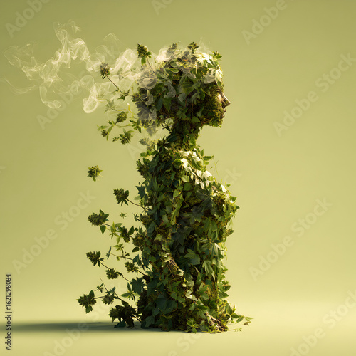 Botanical woman made of cannabis leaves with smoke hair — surreal nature sculpture on green background