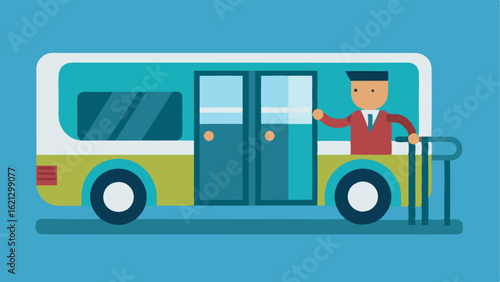 Bus with Ramp An illustration of a city bus with a retractable ramp extended for a passenger in a wheelchair. The bus doors are open and the driver is smiling while assisting.