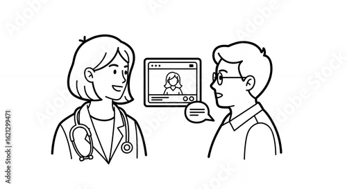 Hand Drawn Illustration of Doctor Consulting with Patient in White Background Featuring Online Video Call and Classic Medical, Hand, Drawn, Sketch, Line Art, Outline, Doodle, Minimal Style
