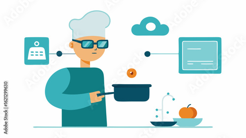 Daily Activities A person cooking in a kitchen their bionic eye presenting recipe steps and nutritional info on a transparent screen as they prepare the meal.