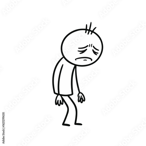 Sad stick figure character expressing disappointment in a minimalist design on a white background, conveying the concept of mental health awareness or emotional support.