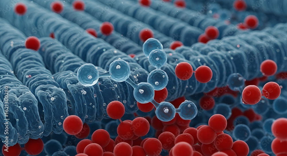 Obraz premium Artistic rendition of a lipid bilayer interacting with oxygen molecules, Blue lipid layer surrounded by a sea of oxygen molecules for science presentation