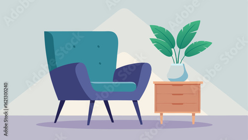 A sleek modern armchair p next to a side table holding a potted plant.