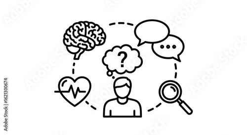 Holistic Health Concept Featuring Human Figure with Brain Heart Speech Bubbles Question Mark and Magnifying Glass in Black and White Line Art medical hand drawn sketch line art outline doodle minimal