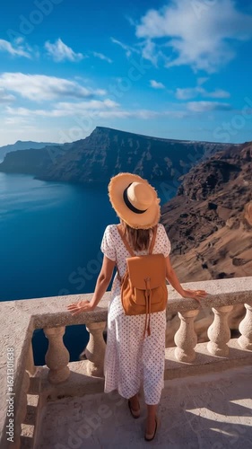 Woman in summer dress and hat admires Aegean sea view from balcony, showcasing beauty of Santorini island, Greece.  Travel, vacation, relaxation mood