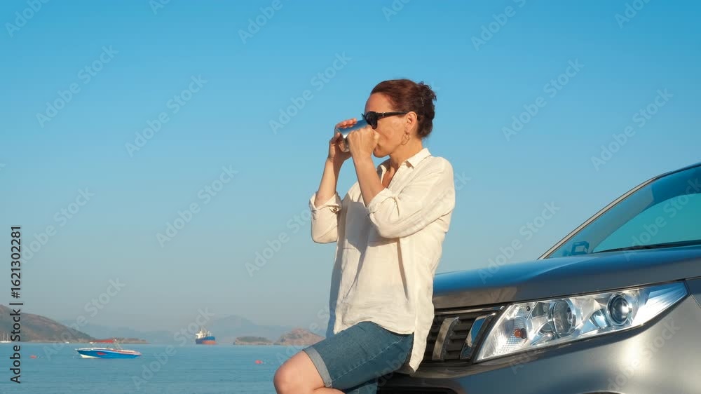 Lady with coffee cup by car in nature. A view of nice lady with coffee spend free time near the car on the shore and look around the sea in the sun light Lady with coffee cup by car in nature. A view of nice lady with coffee spend free time near the car on the shore and look around the sea in the sun light