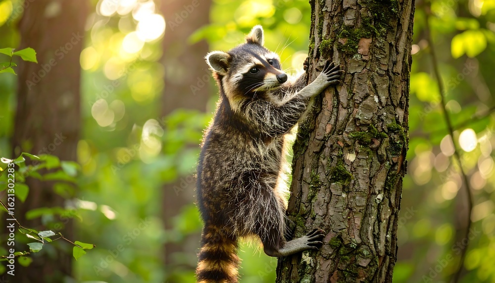 Obraz premium Raccoon climbing tree in sunlit forest
