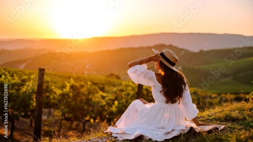Brunette Woman in White Dress and Straw Hat Sits Overlooking Green Vineyards on Rolling Hills at Sunset in Italy