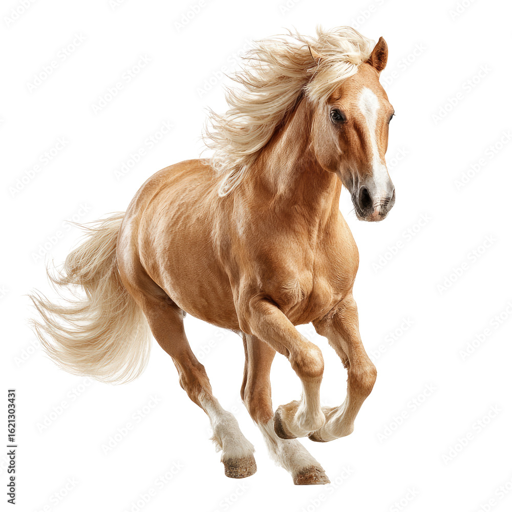 Obraz premium A light-brown horse in motion against a black background. A striking image of equine speed