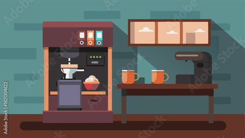 A sleek coffee machine and snack bar in the corner of the room.