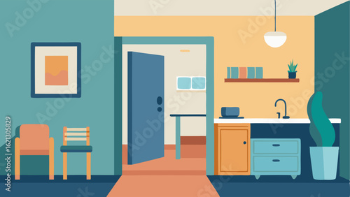 Accessible Apartment Interior A cozy apartment interior showcasing an open layout with wide doorways accessible kitchen counters and a handrail in the bathroom.