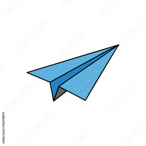 Simple blue paper airplane flying against a black background