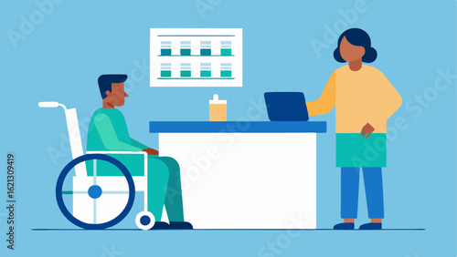 Accessible Counter An illustration of a pharmacy counter designed at an appropriate height showing a wheelchairuser comfortably interacting with a pharmacist.