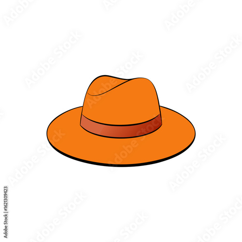 Bright orange fedora hat with a dark red band isolated on black