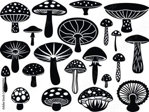 Collection of various black silhouette mushrooms with detailed gills and caps isolated on transparent background
