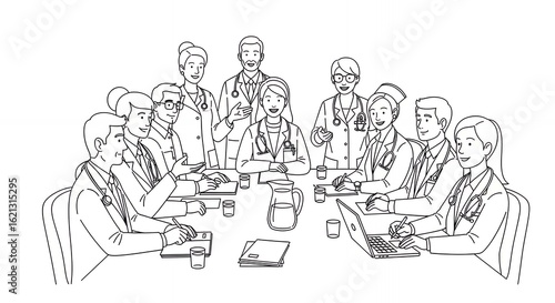 Minimalist Black and White Illustration of People Gathering Around a Table for Business Meeting Depicting Teamwork and Collaboration in Simple Line Art Style medical hand drawn sketch