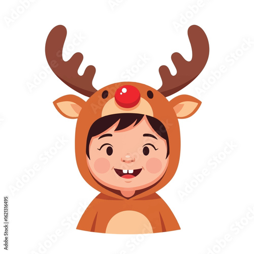 A smiling child wearing a reindeer costume with antlers and a red nose, looking forward.