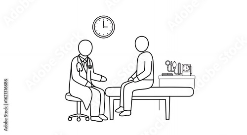 Minimalist Medical Consultation Illustration of Doctor Examining Patient in White Background Featuring Line Art, Medical Bench, Clock, and Medical Tools with hand drawn sketch, line art, outline