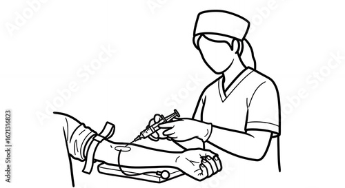 Minimalist Medical Illustration of Blood Draw Procedure Black and White Line Art Featuring a Nurse Drawing Blood from Patient Arm with Healthcare Setting, Clean Design Style