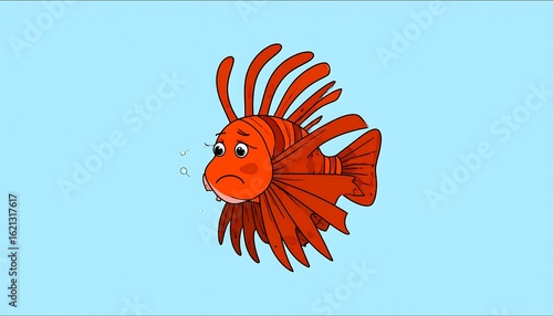 Sad orange fish in light blue water