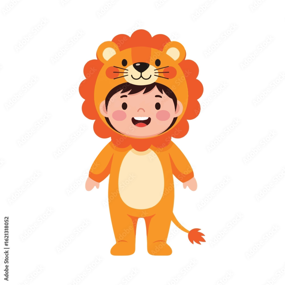 Obraz premium A smiling child is wearing a full-body lion costume with a hood and tail.