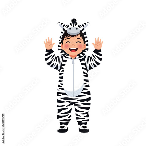 A cheerful child in a zebra costume raises hands, smiling happily.