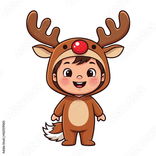 A cheerful child wearing a reindeer costume, smiling happily.
