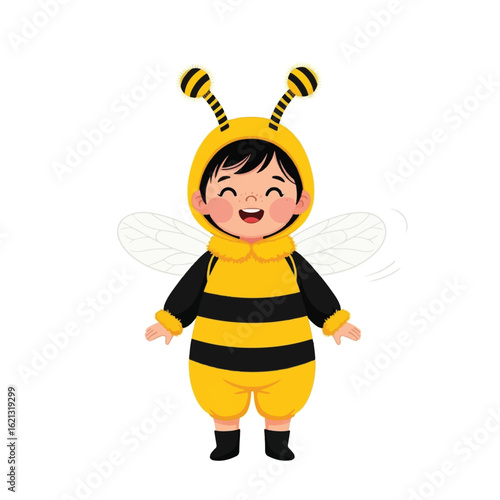 A cartoon child wearing a bee costume, smiling and happy.