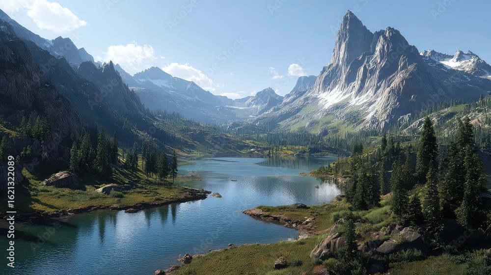 Fototapeta premium Sunlit Alpine Lake Surrounded by Rugged Peaks