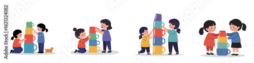 children stack colorful cups. A set of vector illustrations on a white background