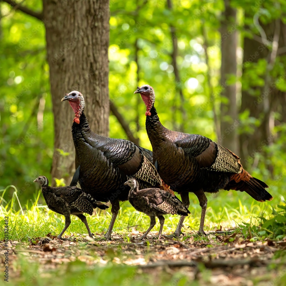 Wild turkeys family in forest Wild turkeys family in forest