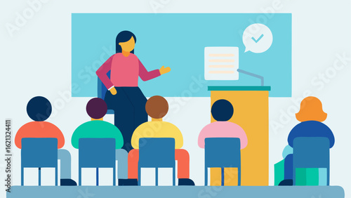 Educational Workshop A classroom scene depicting a speaker with a visual aid explaining disability rights to an engaged audience of different ages and abilities.