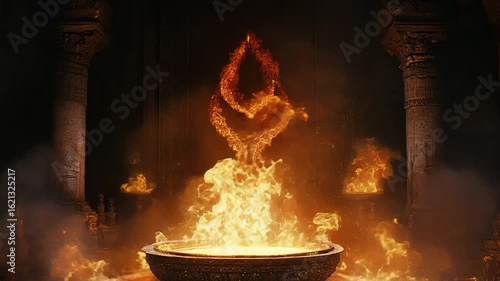 Burning symbol floating above brazier in dark temple