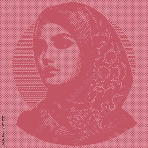  Beautiful Retro Girl Portrait with Niqab Pink Color Canvas Template Dot Halftone Decor Vector Art