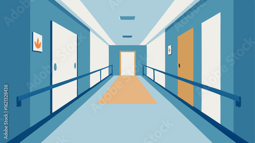 Accessible Hallways A wide hallway with smooth flooring and handrails along the walls with clear artwork and signage on the side providing a sense of space and safety for
