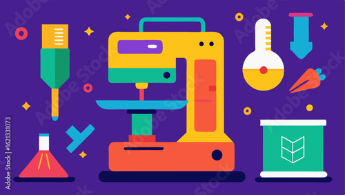 3D Printing Prototypes A vibrant illustration showing a 3D printer in action creating a prosthetic limb surrounded by tools and design sketches.