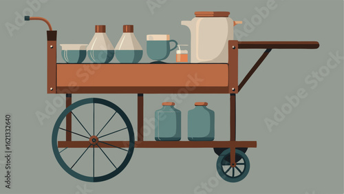 A weathered metal bar cart stocked with mason jar glasses and an antique copper tail shaker.