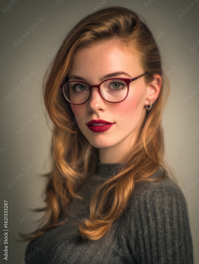 Obraz premium Feminine Portrait Featuring Smooth Digital Enhancements and Modern Background With Clear Focus on the Subjects Expression and Style