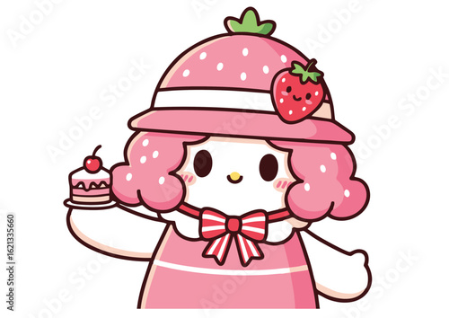 Adorable Pink Strawberry Girl Cartoon Character Holding Cake.