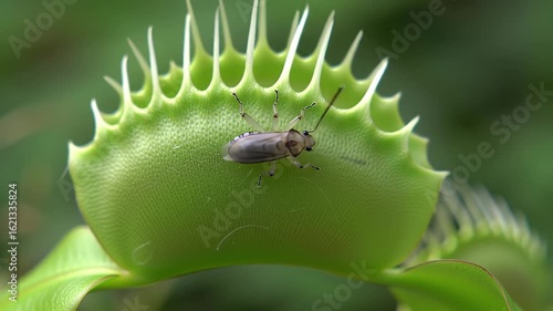 Close Up of a Vibrant Green Venus Flytrap with an Insect Resting Inside its Jaws Featuring Detailed Structure and Predatory Mechanism in Green Background a Captivating Botanical Shot