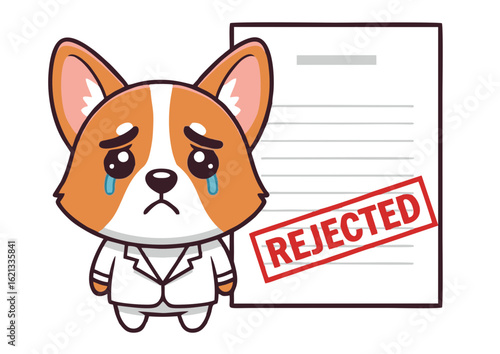 Sad Corgi Cartoon Character in Suit with Tears and Rejected Document.