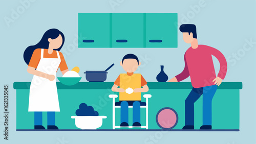 Cooking Together A family making a meal in a kitchen with accessible counters where a child in a wheelchair is mixing ingredients with help from their siblings.